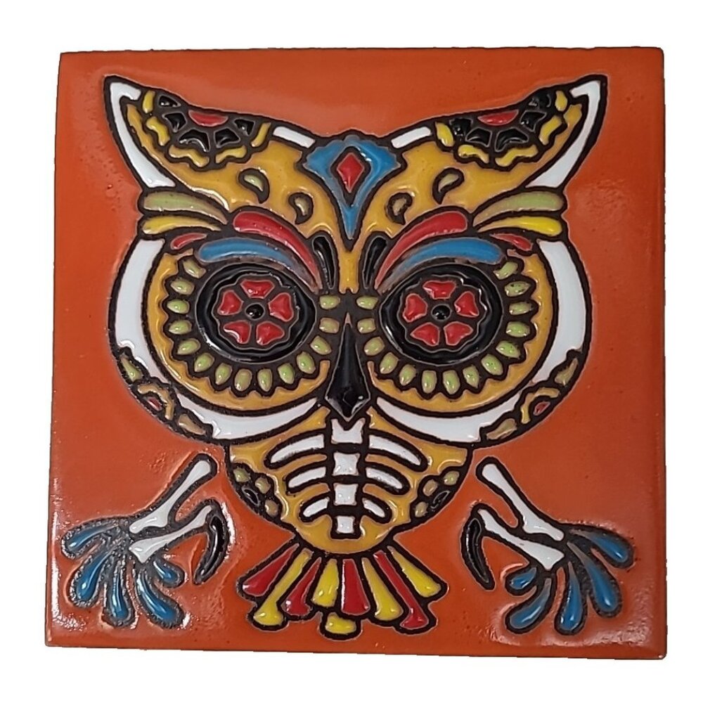 Earthtones Day of the Dead Owl Tile Trivet Hand Glazed Ceramic Art Decor 4.25"